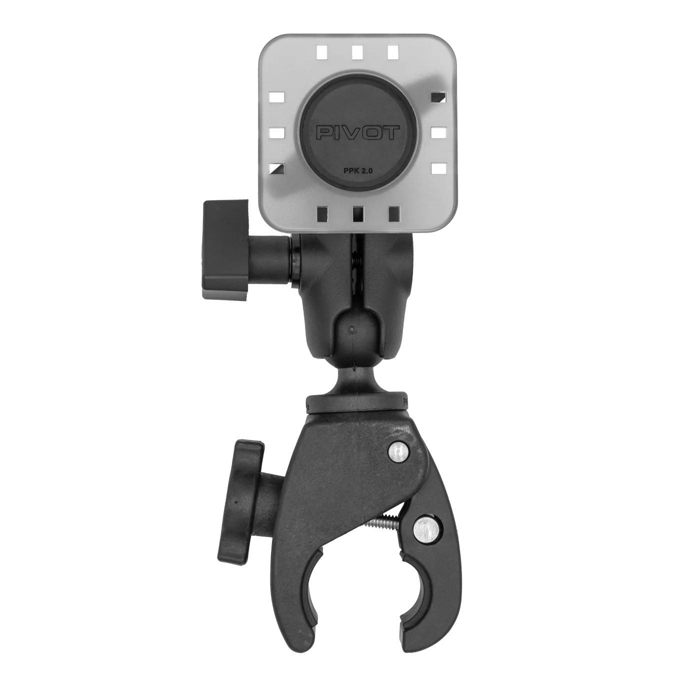 PIVOT Claw Mount front view with Tough-Claw clamp and PIVOT Click Connection mounting plate