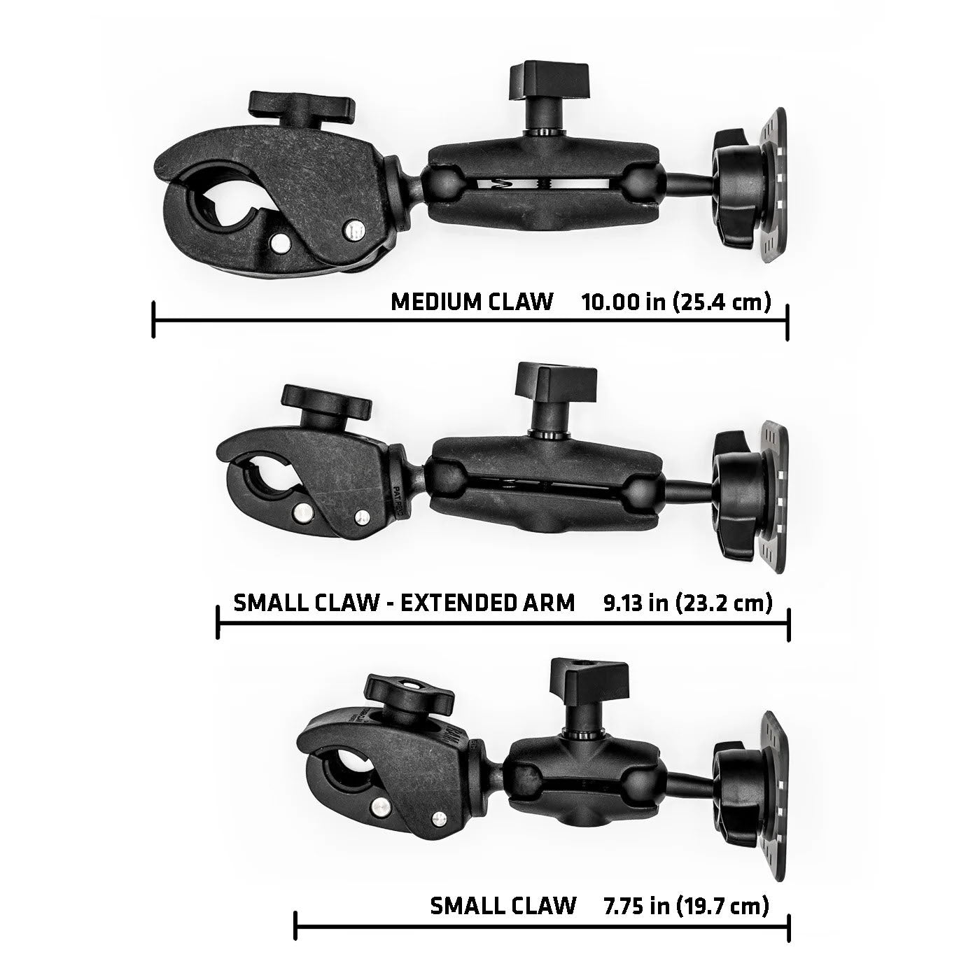 PIVOT Claw Mount comparison showing Small Claw, Small Claw Extended Arm, and Medium Claw options