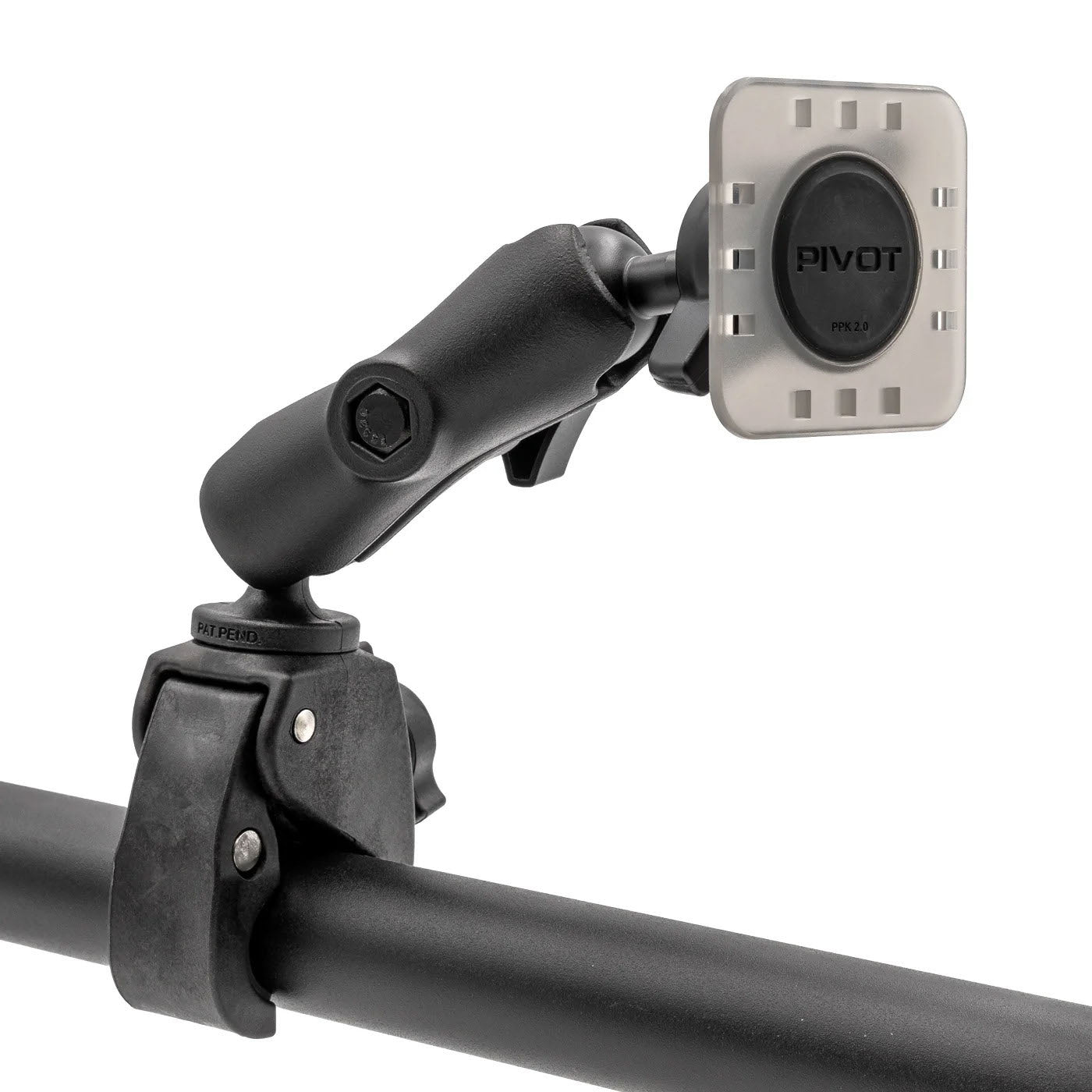PIVOT Claw Mount providing adjustable tablet positioning on a tubular mounting surface