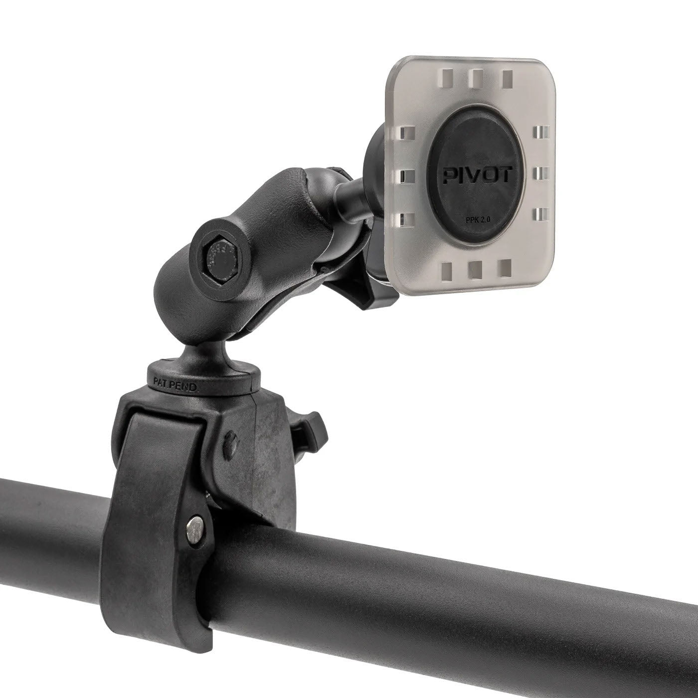 PIVOT Claw Mount secured to a round rail with compatible PIVOT iPad case