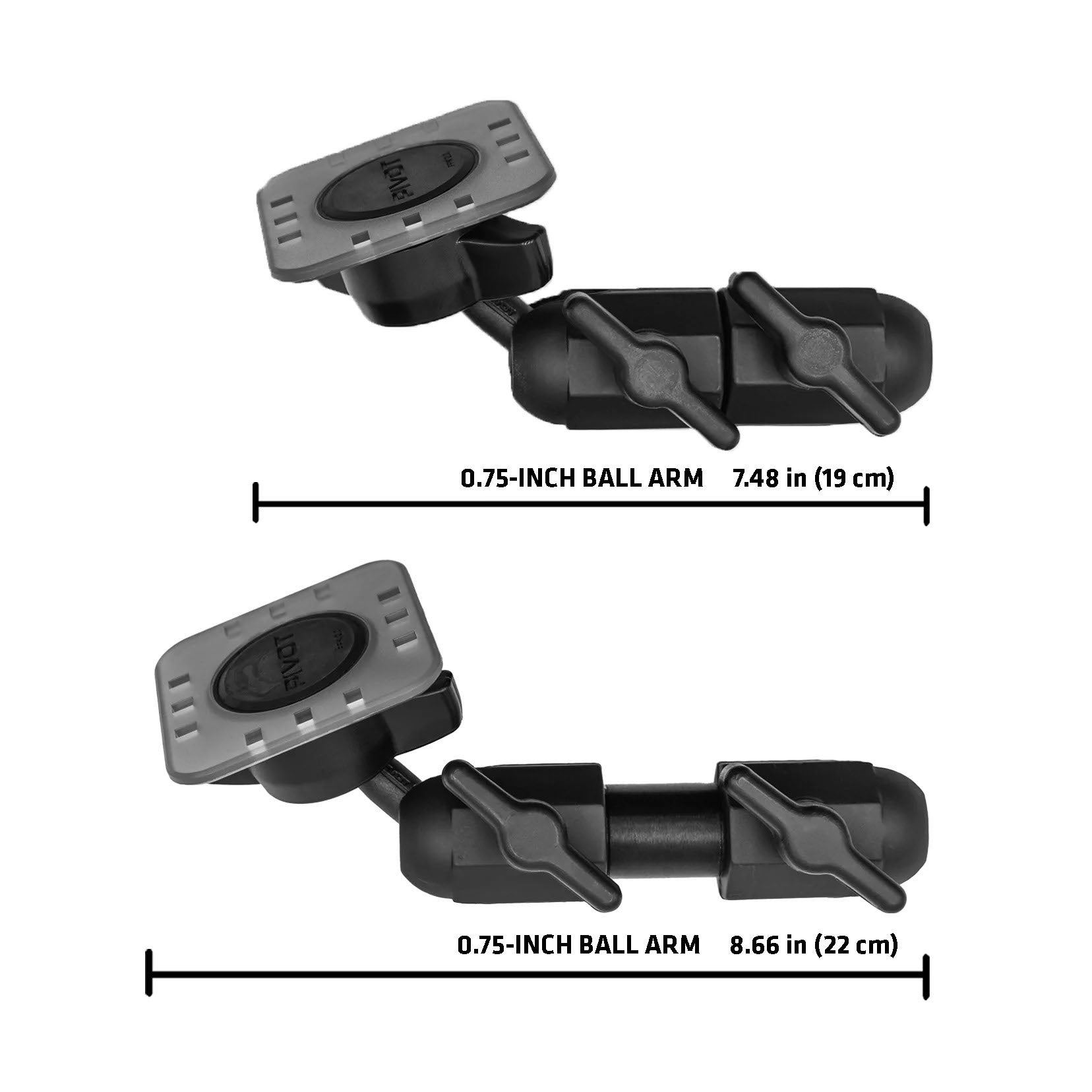 PIVOT Double Suction Cup Mount comparison showing available 19 cm and 22 cm arm lengths