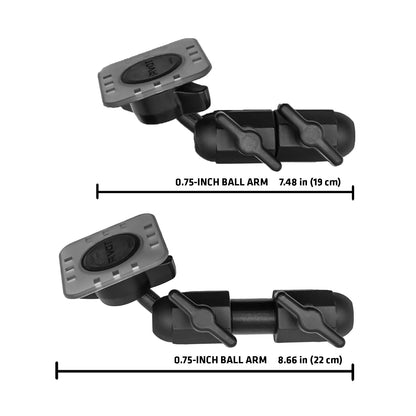 PIVOT Double Suction Cup Mount comparison showing available 19 cm and 22 cm arm lengths