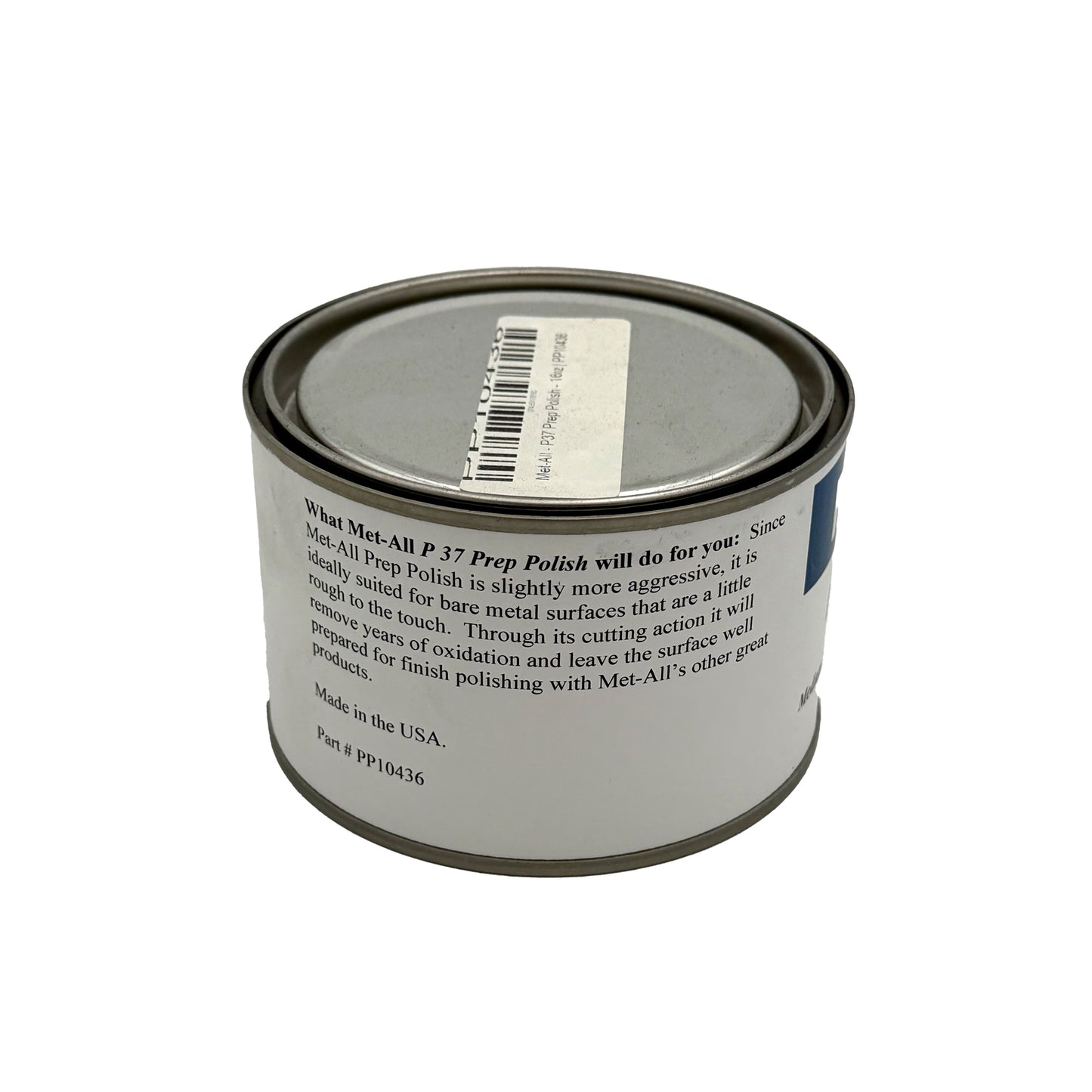 Can of Met-All Prep Polish with label on a white background