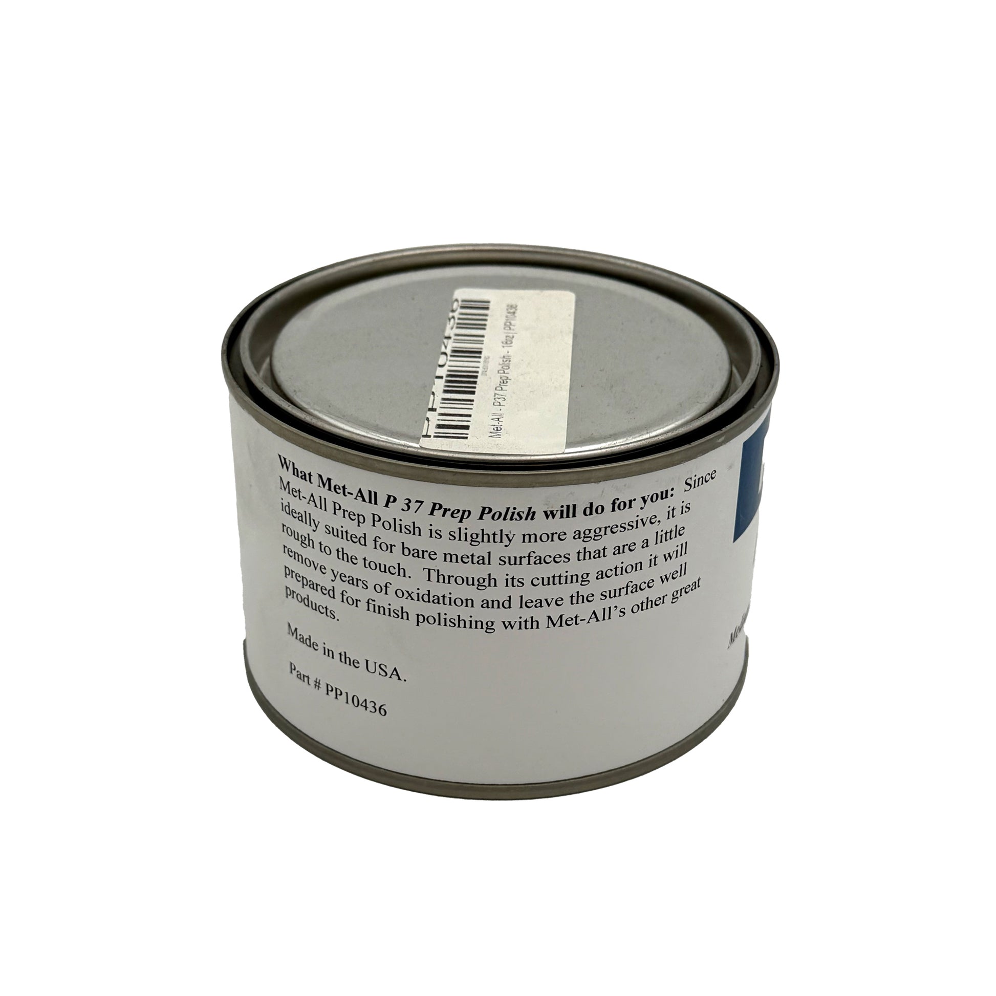 Can of Met-All Prep Polish with label on a white background