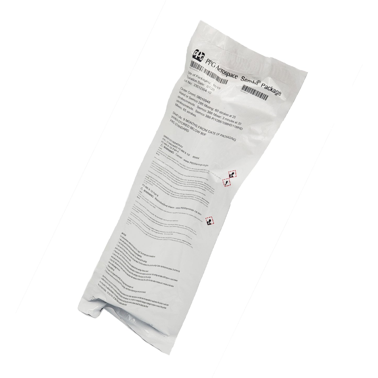 Printed outer packaging for expired PRC DeSoto PS-890 B1/2 fuel tank sealant semkit showing mixing instructions, hazard warnings, lot number, and expiration date.