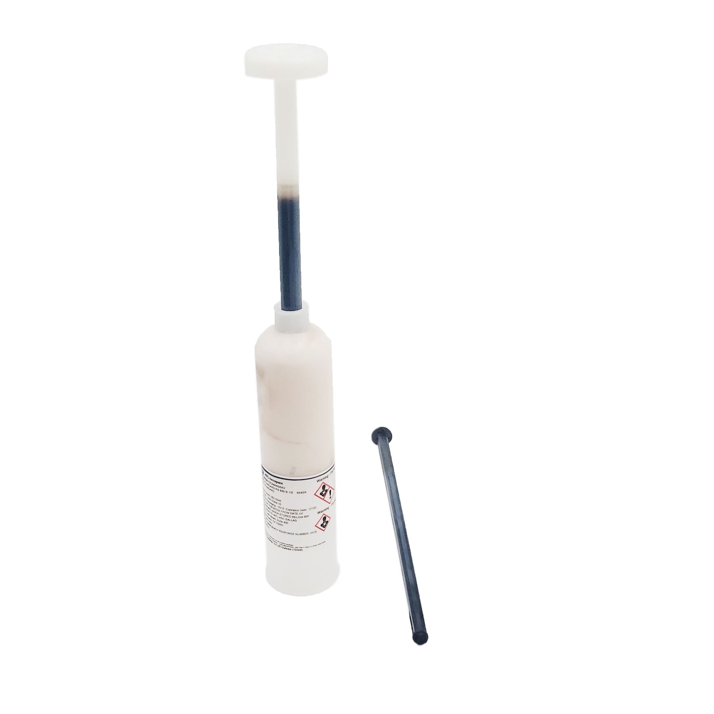 Full view of PRC DeSoto PS-890 B1/2 semkit assembly showing cartridge with plunger rod and separate mixing nozzle.