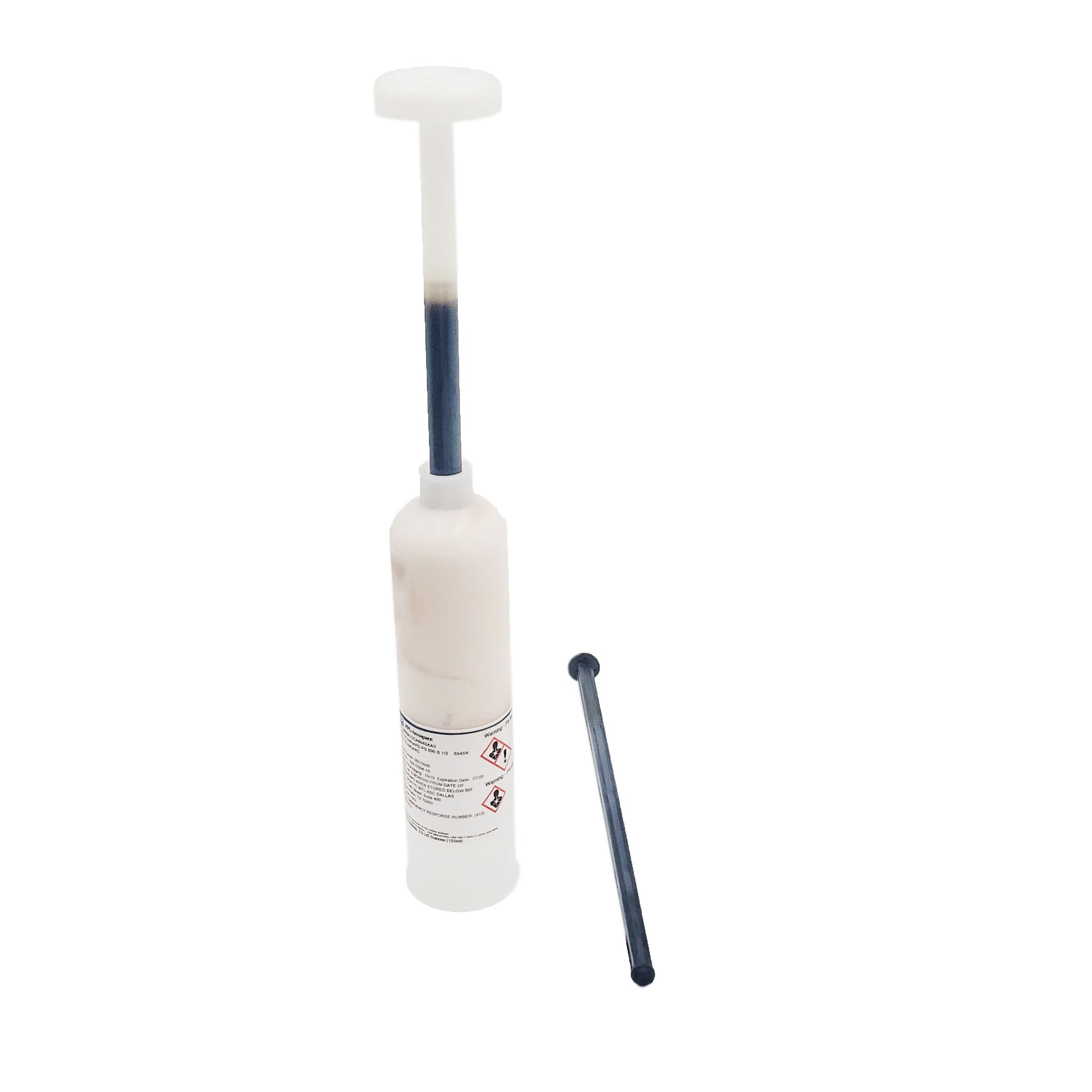 Full view of PRC DeSoto PS-890 B1/2 semkit assembly showing cartridge with plunger rod and separate mixing nozzle.