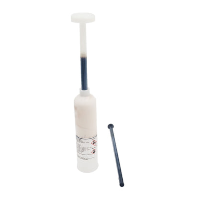 Full view of PRC DeSoto PS-890 B1/2 semkit assembly showing cartridge with plunger rod and separate mixing nozzle.