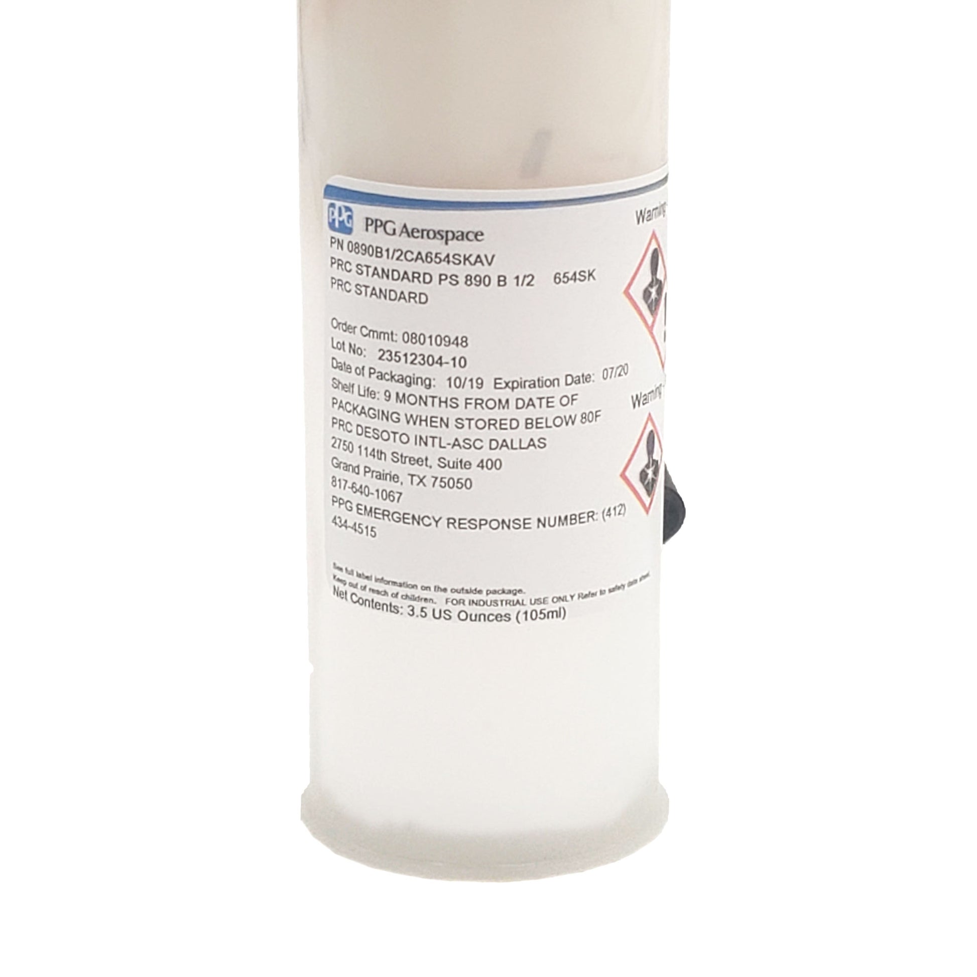 Close-up of PRC DeSoto PS-890 B1/2 gray fuel tank sealant cartridge label showing part number, product name, and 3.5-ounce contents.