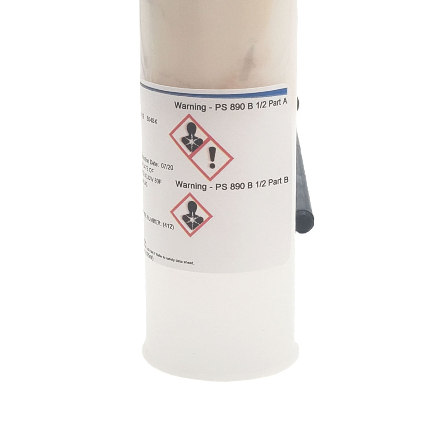 GHS hazard symbol close-up on PRC DeSoto PS-890 B1/2 sealant cartridge indicating health hazard and irritation warnings for Parts A and B.