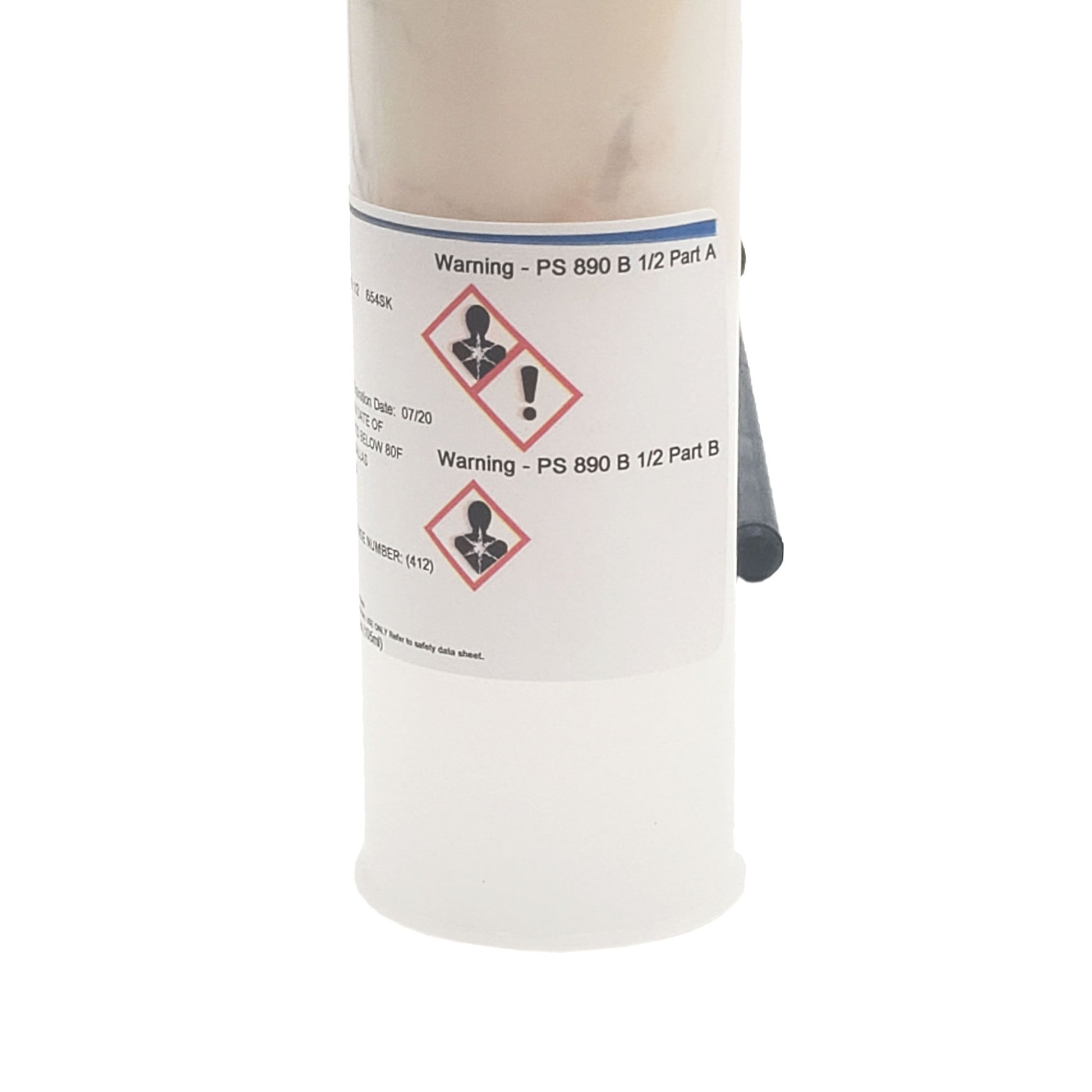 GHS hazard symbol close-up on PRC DeSoto PS-890 B1/2 sealant cartridge indicating health hazard and irritation warnings for Parts A and B.