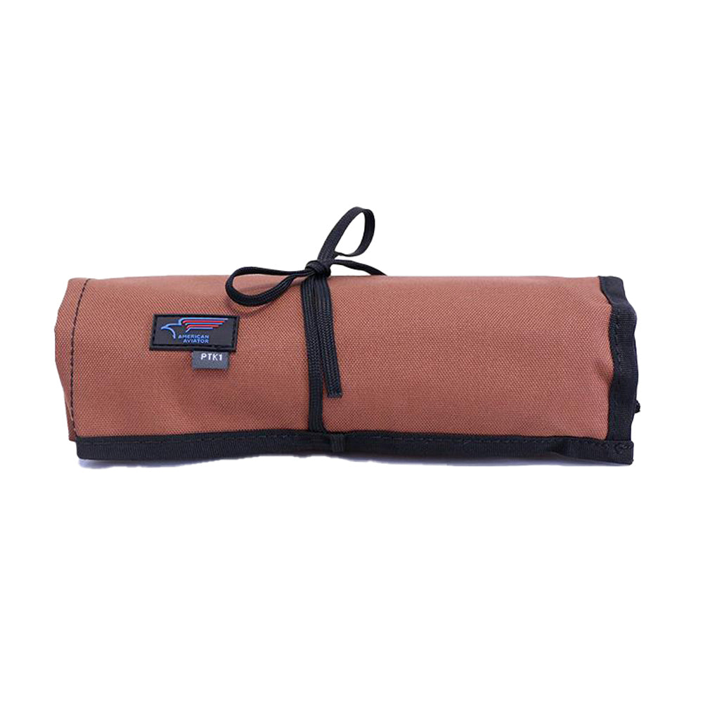American Aviator PTK1 Pilot’s Tool Kit rolled in durable brown aircraft travel pouch