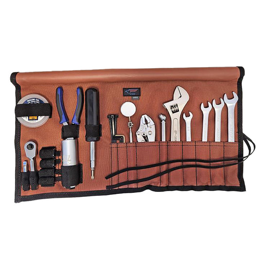 American Aviator PTK1 Pilot’s Tool Kit open with wrenches, spark plug socket, ratchet set, safety wire and roll-up pouch