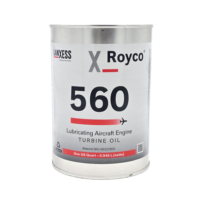 Front view of Royco 560 synthetic turbine engine oil quart can with LANXESS and Royco logos and aircraft turbine oil label