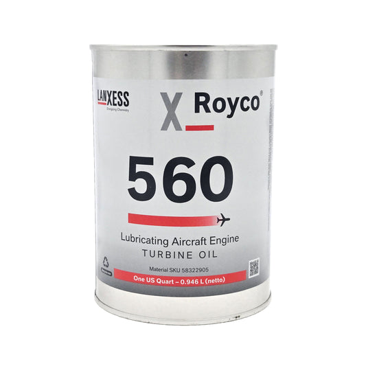 Front view of Royco 560 synthetic turbine engine oil quart can with LANXESS and Royco logos and aircraft turbine oil label
