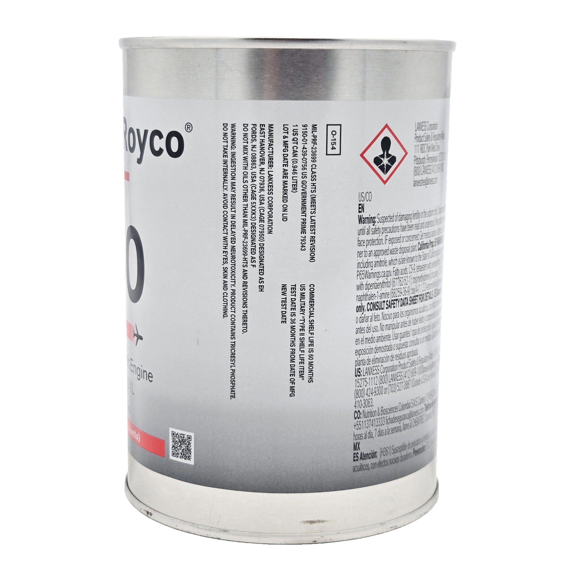 Angled side view of Royco 560 engine oil quart can showing hazard symbol, fertility warning text, manufacturer details, and barcode