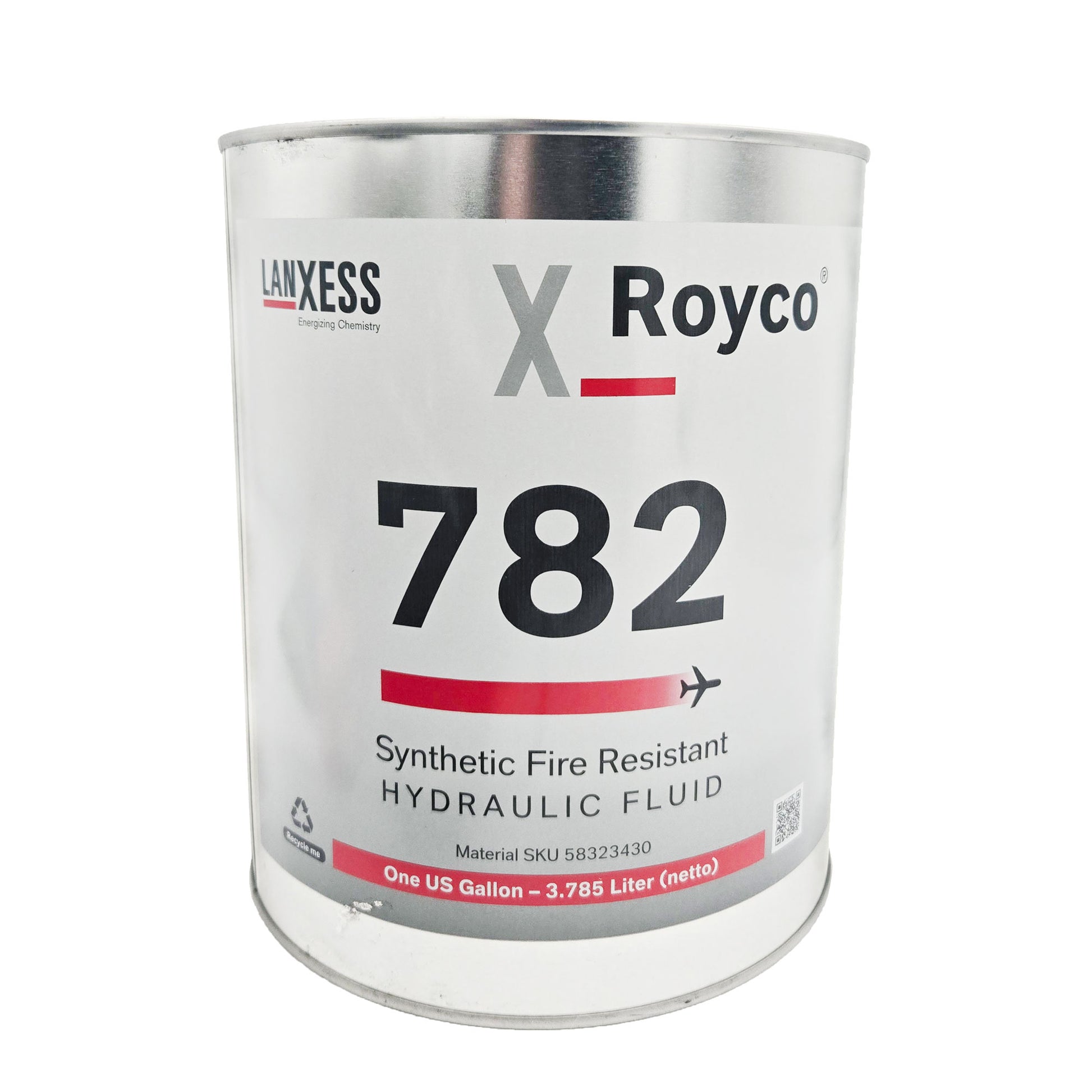 A front view of the metal can, clearly identifying the product as ROYCO 782 Synthetic Fire Resistant Hydraulic Fluid. The container size is One US Quart.