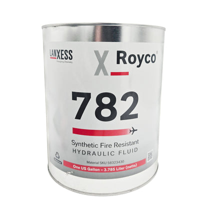A front view of the metal can, clearly identifying the product as ROYCO 782 Synthetic Fire Resistant Hydraulic Fluid. The container size is One US Quart.