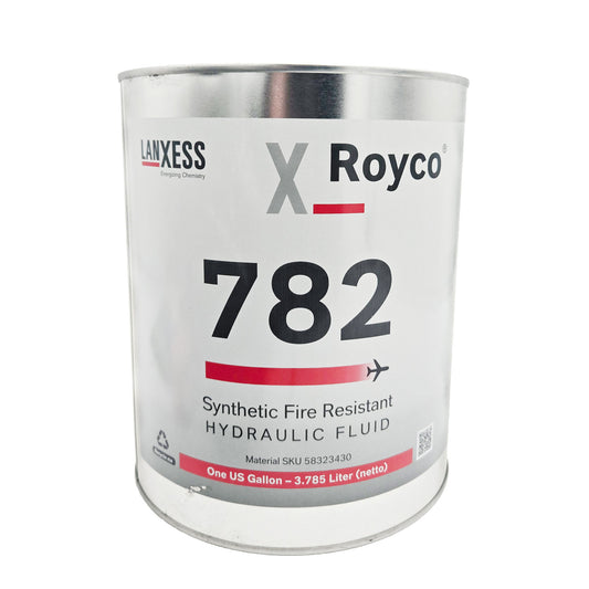 A front view of the metal can, clearly identifying the product as ROYCO 782 Synthetic Fire Resistant Hydraulic Fluid. The container size is One US Quart.