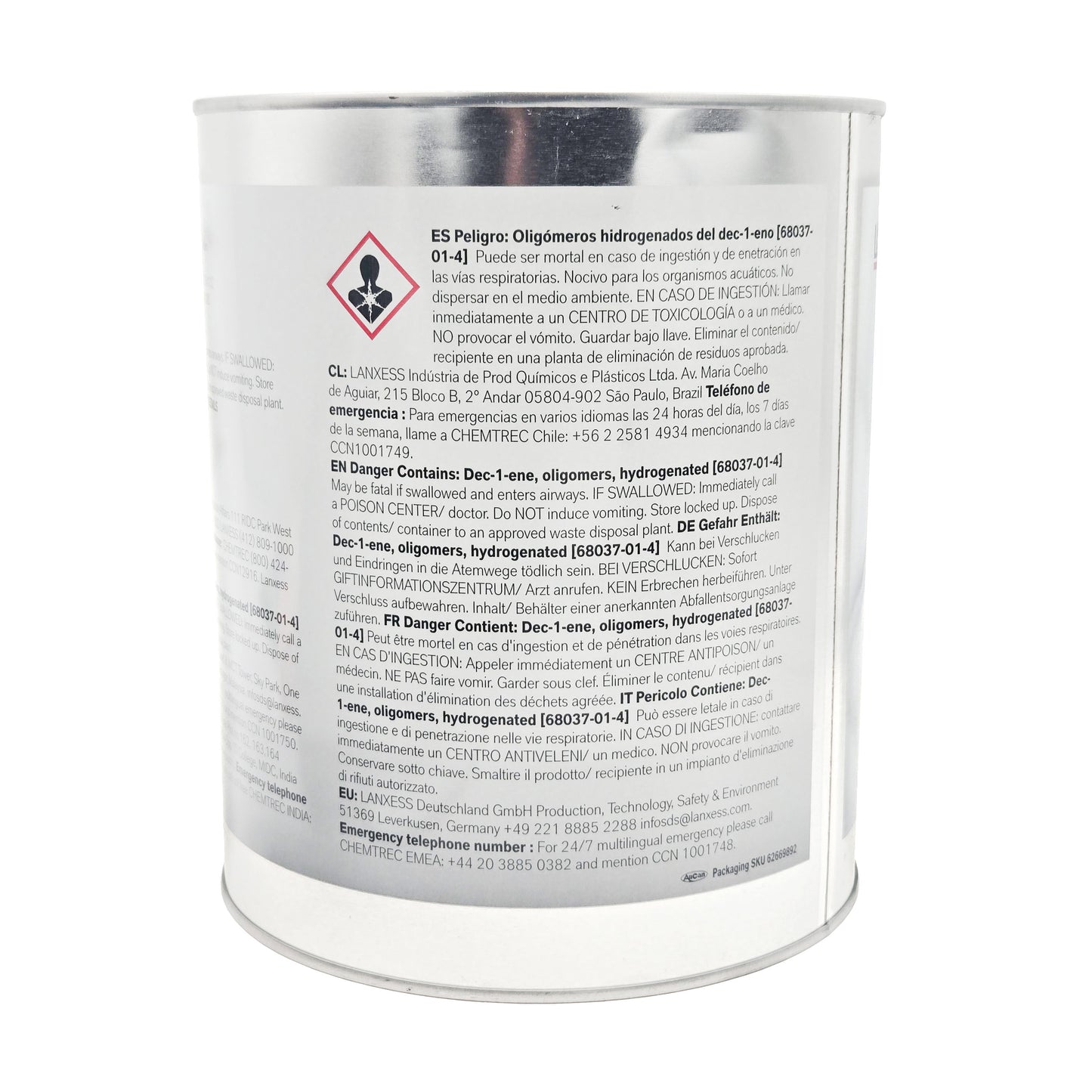 A multilingual side view, providing hazard warnings in Spanish (ES), German (DE), French (FR), and Italian (IT). The listed hazard component is Dec-1-ene, oligomers, hydrogenated [68037-01-4]