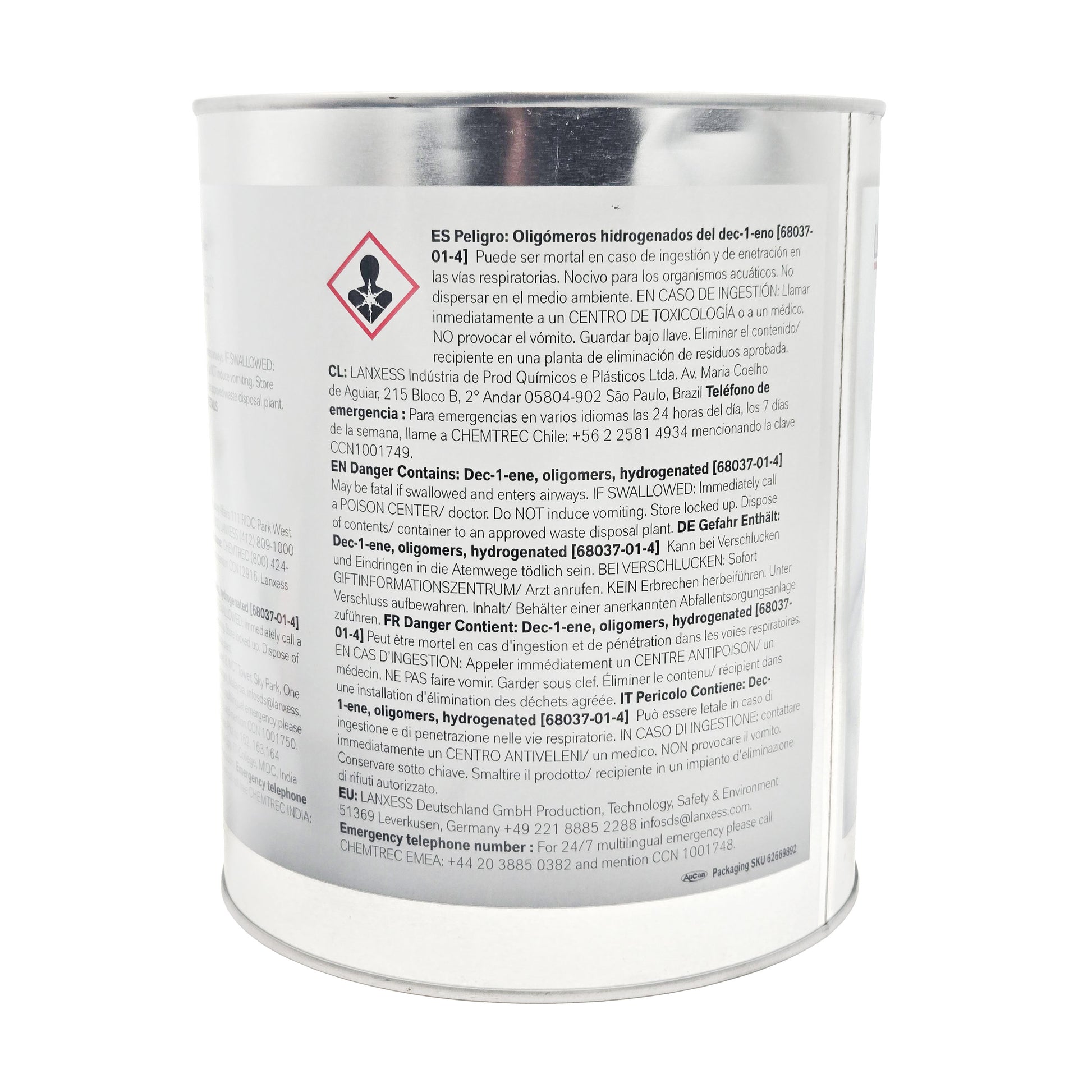 A multilingual side view, providing hazard warnings in Spanish (ES), German (DE), French (FR), and Italian (IT). The listed hazard component is Dec-1-ene, oligomers, hydrogenated [68037-01-4]