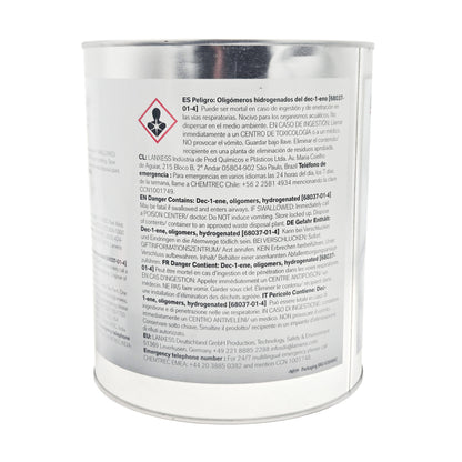 A multilingual side view, providing hazard warnings in Spanish (ES), German (DE), French (FR), and Italian (IT). The listed hazard component is Dec-1-ene, oligomers, hydrogenated [68037-01-4]