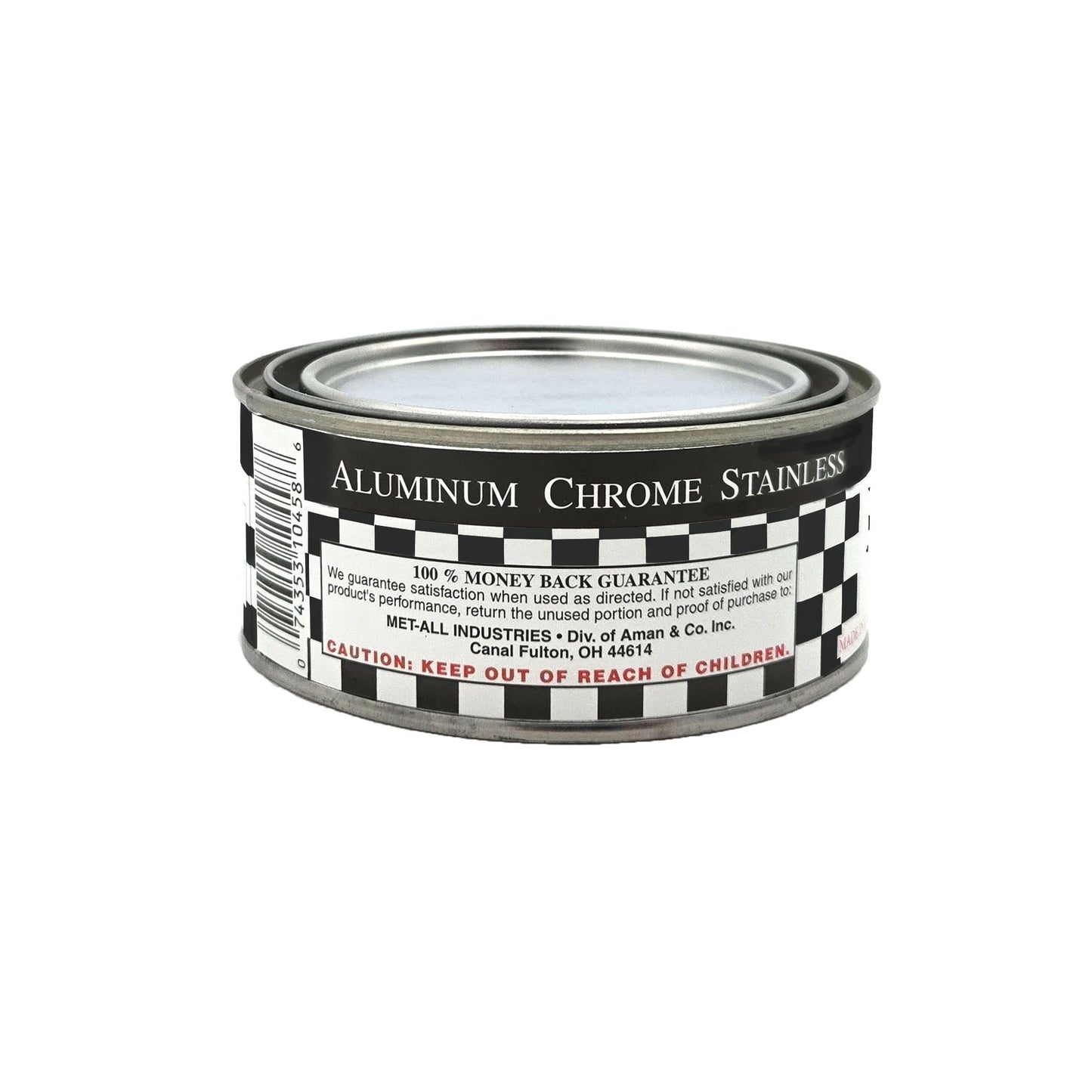 Side view of Met-All RP-8 Racing Polish 8oz tin with branding and label details