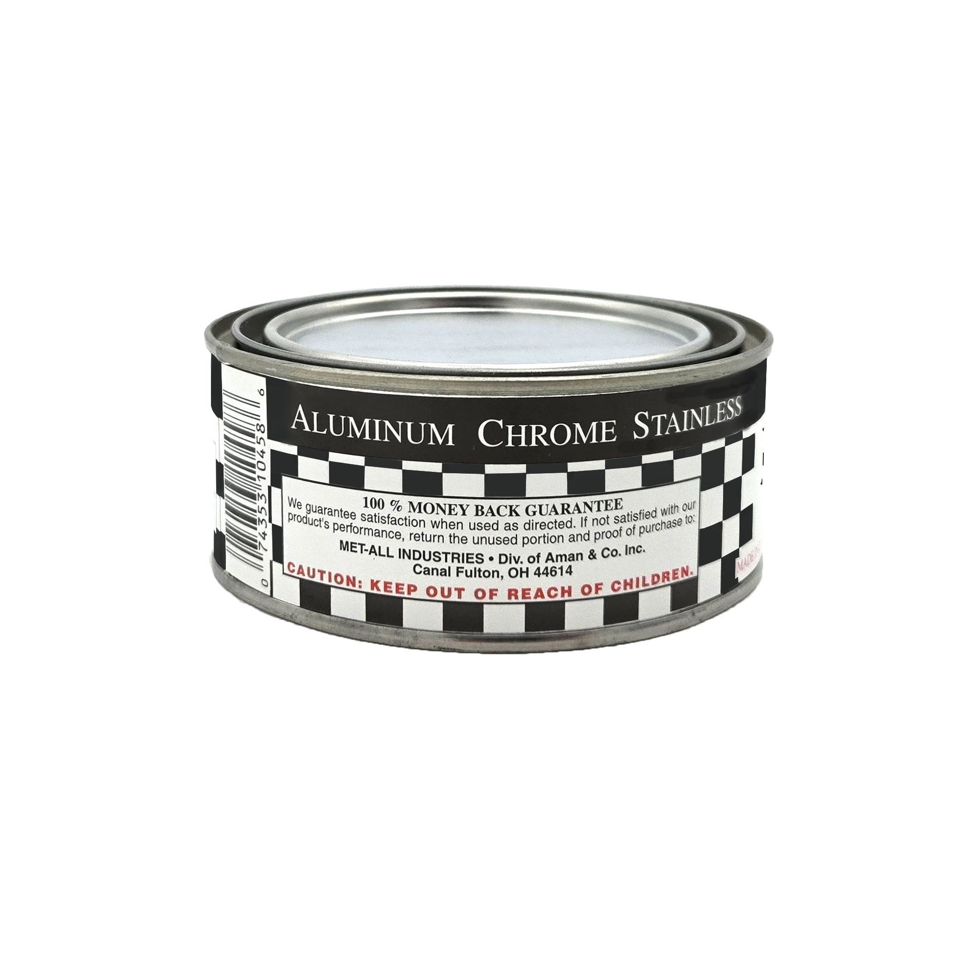 Side view of Met-All RP-8 Racing Polish 8oz tin with branding and label details