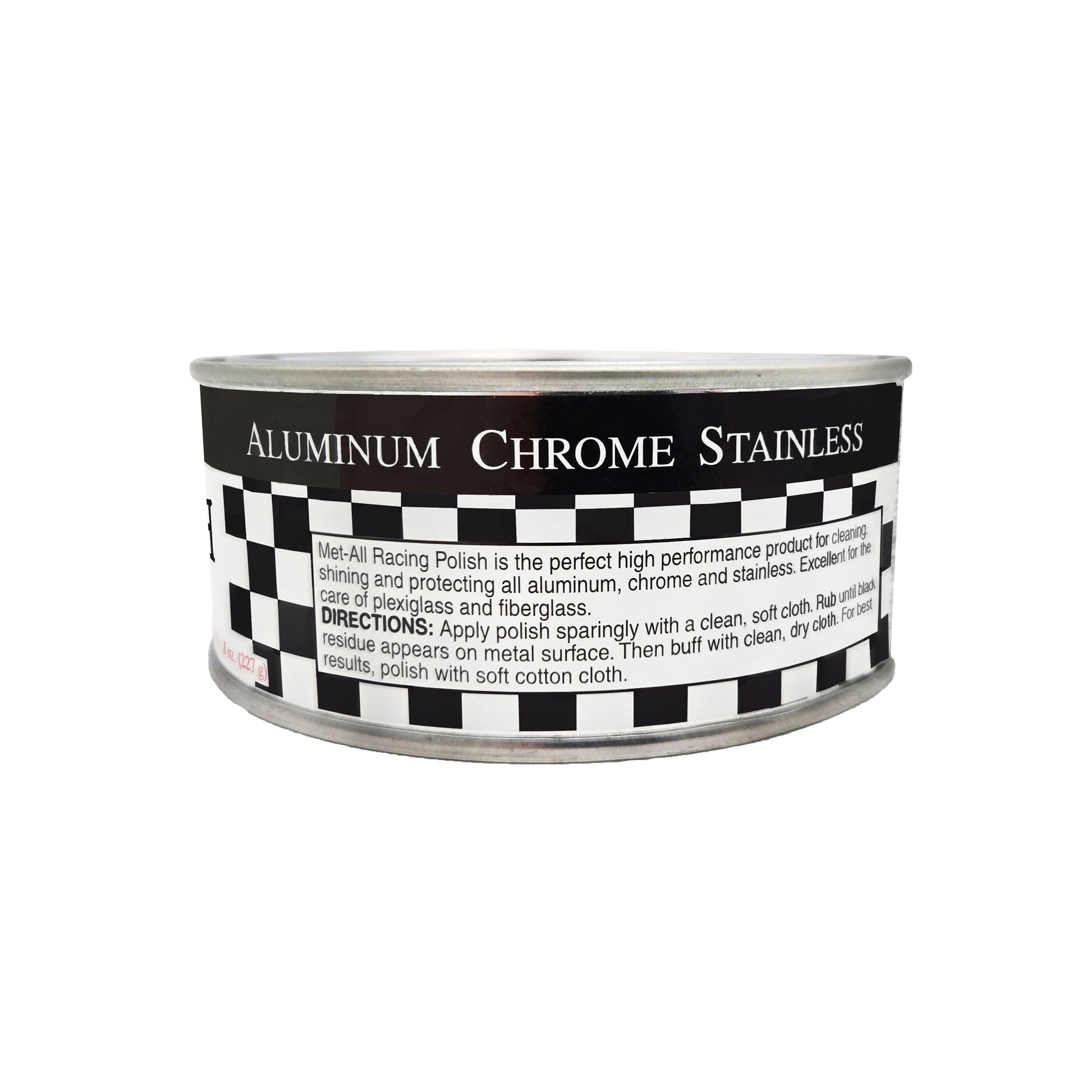 Back label of Met-All RP-8 Racing Polish 8oz can showing directions and ingredients