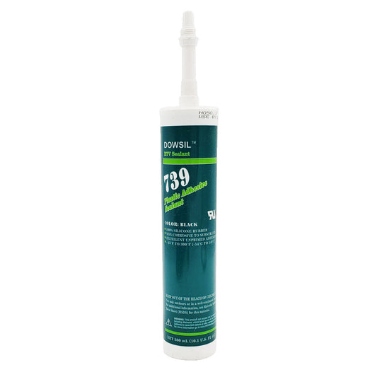 Front view of expired DOWSIL RTV-739 plastic adhesive sealant black 300 mL cartridge showing 100% silicone formula and temperature range