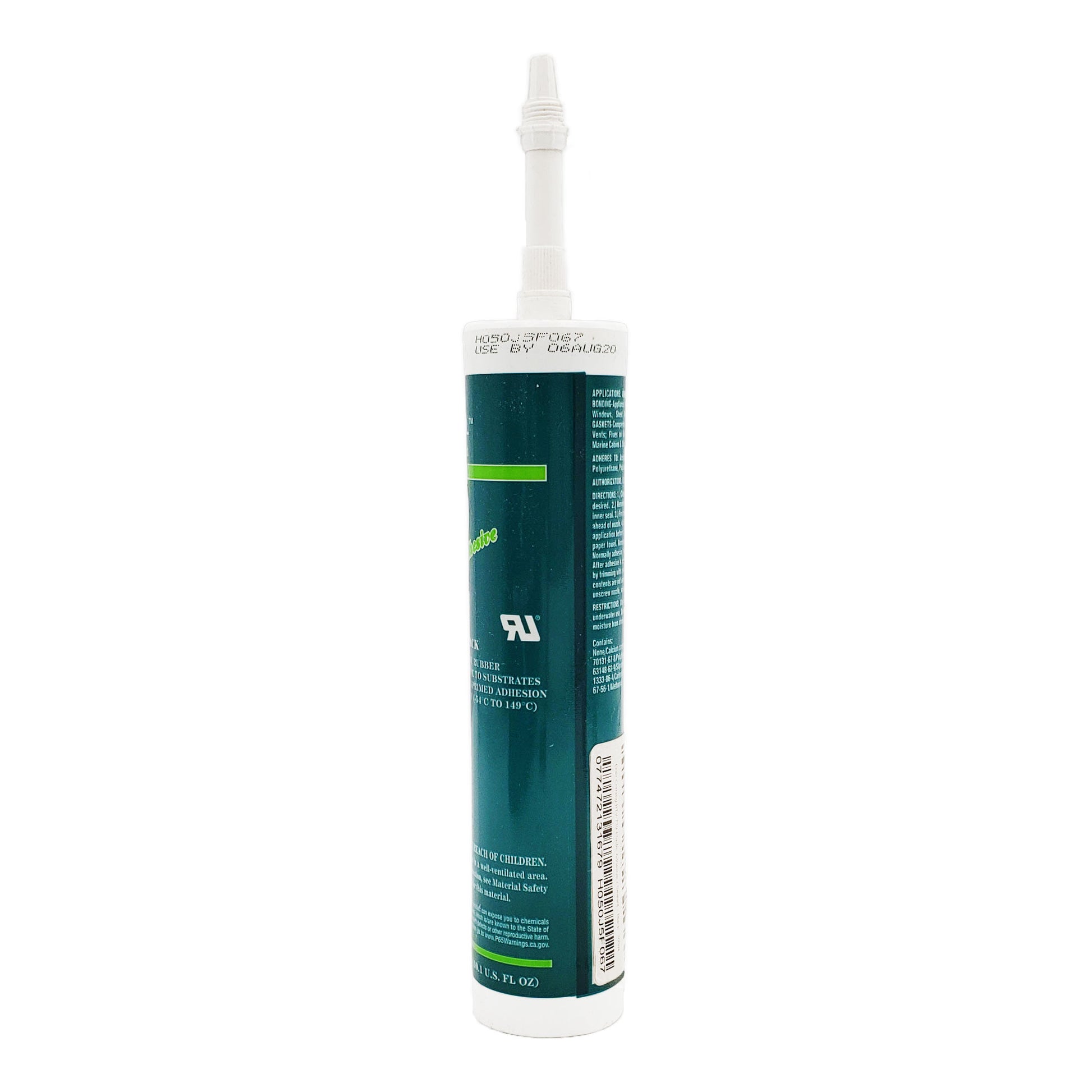 Side view of DOWSIL RTV-739 sealant cartridge showing barcode, UL recognized mark, ingredient list start, and use-by date stamp