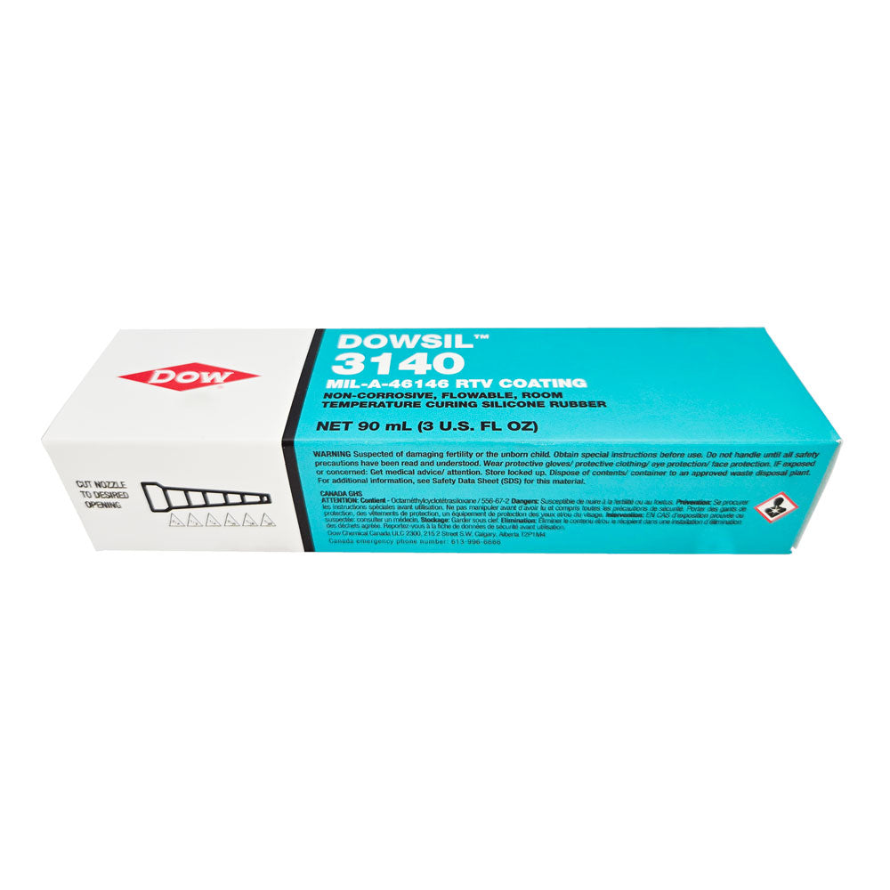 DOWSIL™ 3140 RTV Coating 3 oz tube box front and side view - packaging for flowable silicone electronics coating