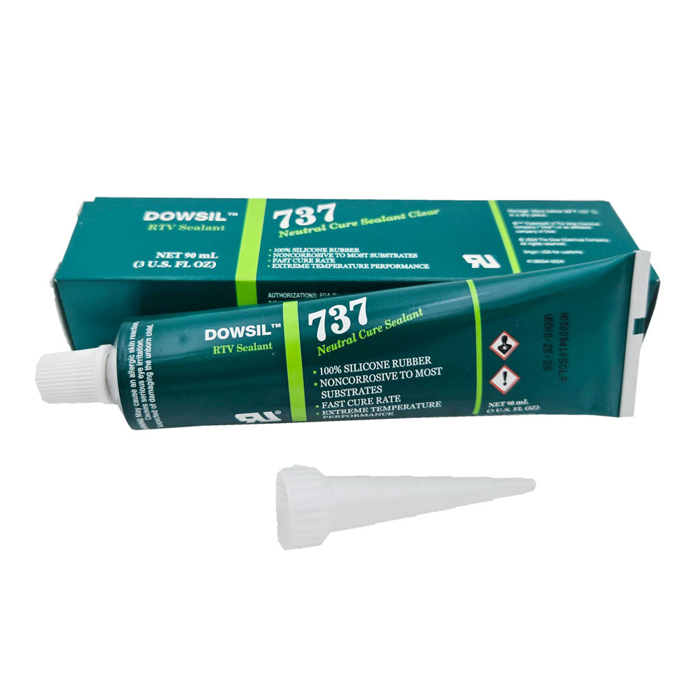 DOWSIL™ 737 Neutral Cure Sealant 3 oz tube with nozzle and box in background - high-performance RTV adhesive for versatile sealing