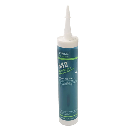 Front view of expired DOWSIL 832 multi-surface adhesive sealant off-white 300 mL cartridge showing 100% silicone rubber and non-corrosive cure