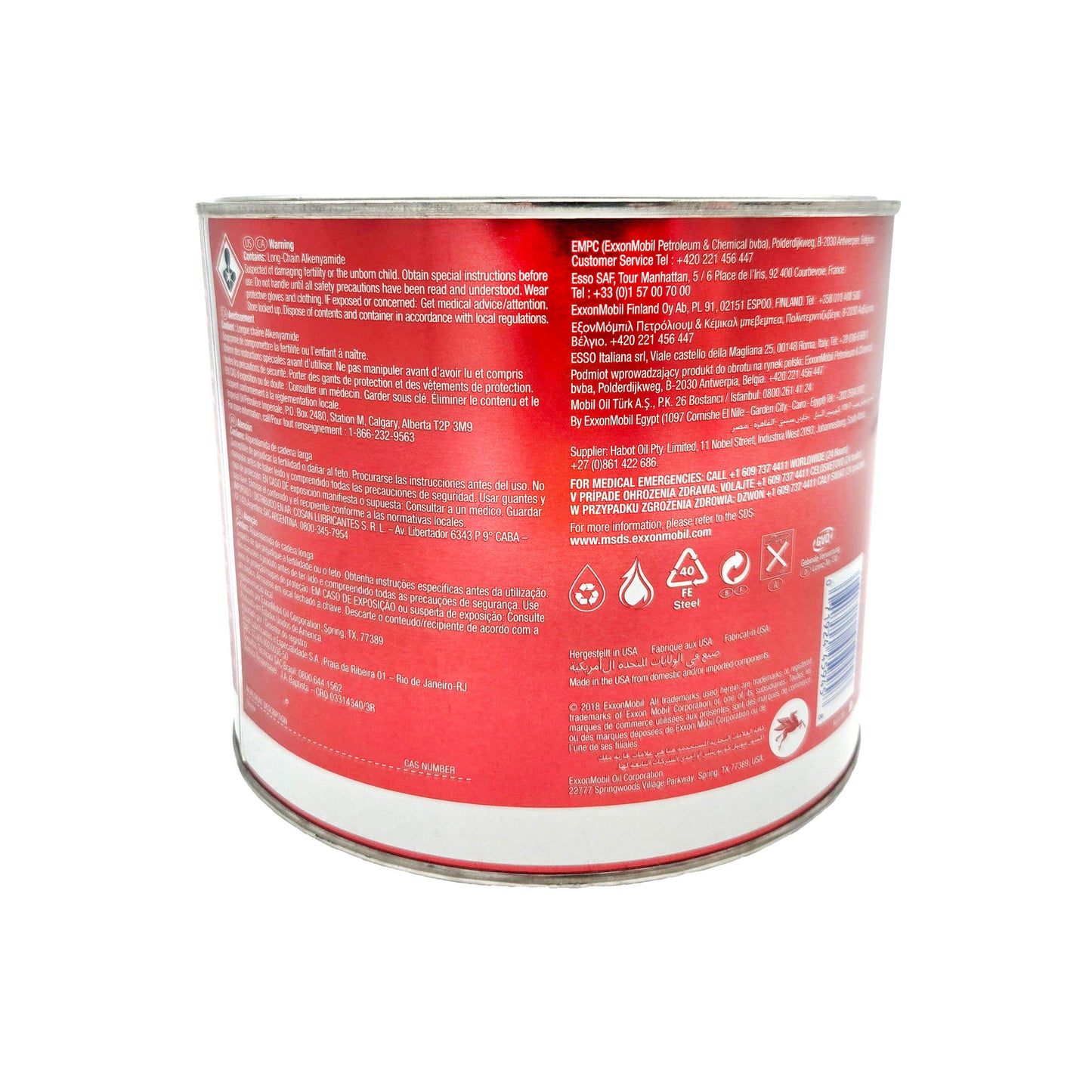 Mobil SHC 100 Synthetic Aviation Grease 4.4 lb can back view with product specifications - synthetic grease for aircraft components