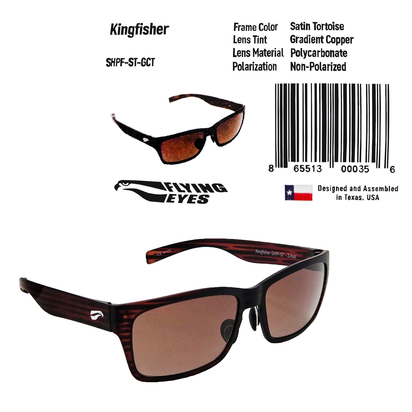Kingfisher Sunglasses – Angled View of Frame with Product Label