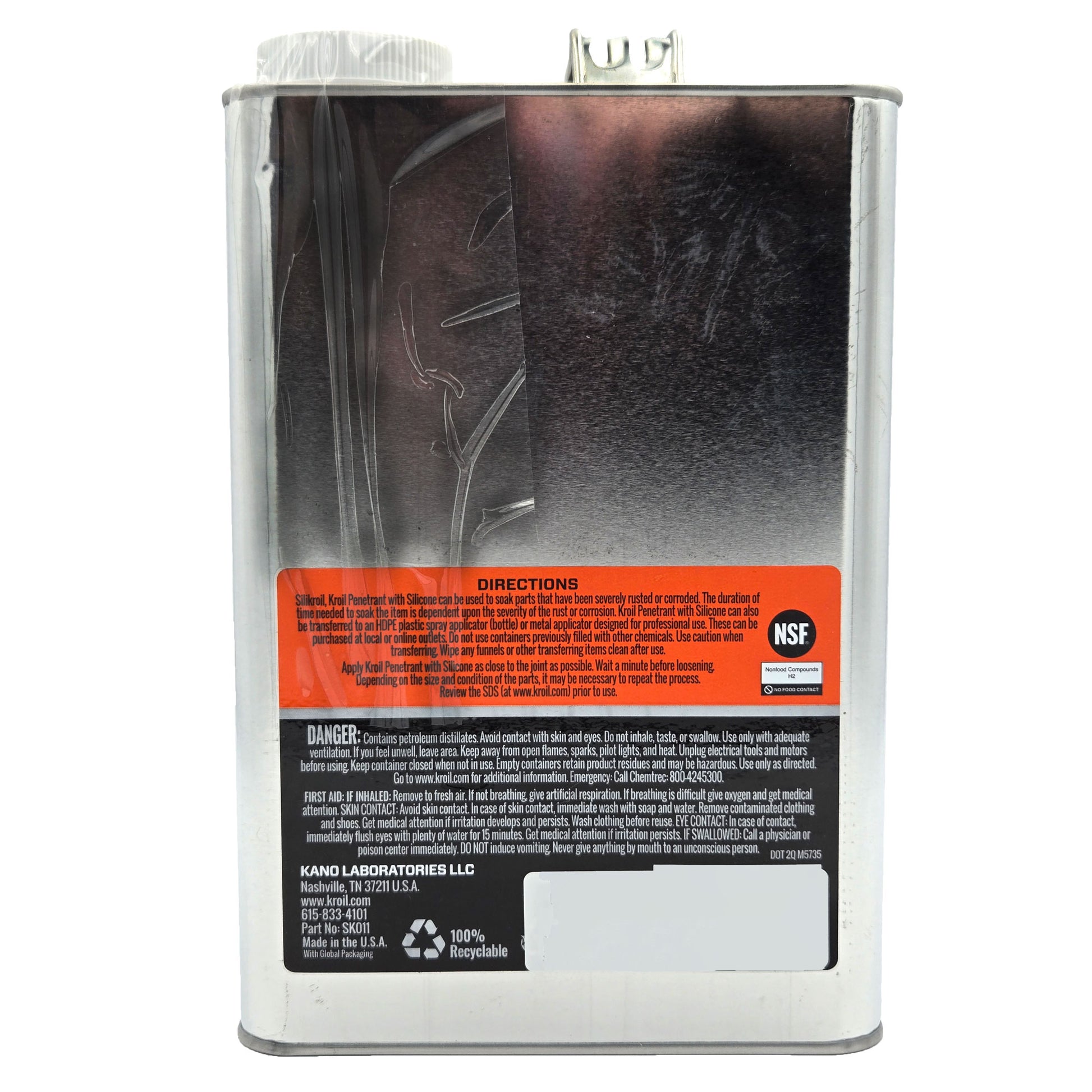 Kroil Penetrant with Silicone 1 gallon can back view with product specifications - reliable solvent for industrial applications