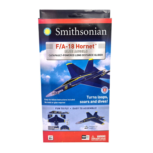 WowToyz® Smithsonian F/A-18 Hornet™ Blue Angels Glider front view in packaging - high-flying foam aircraft toy