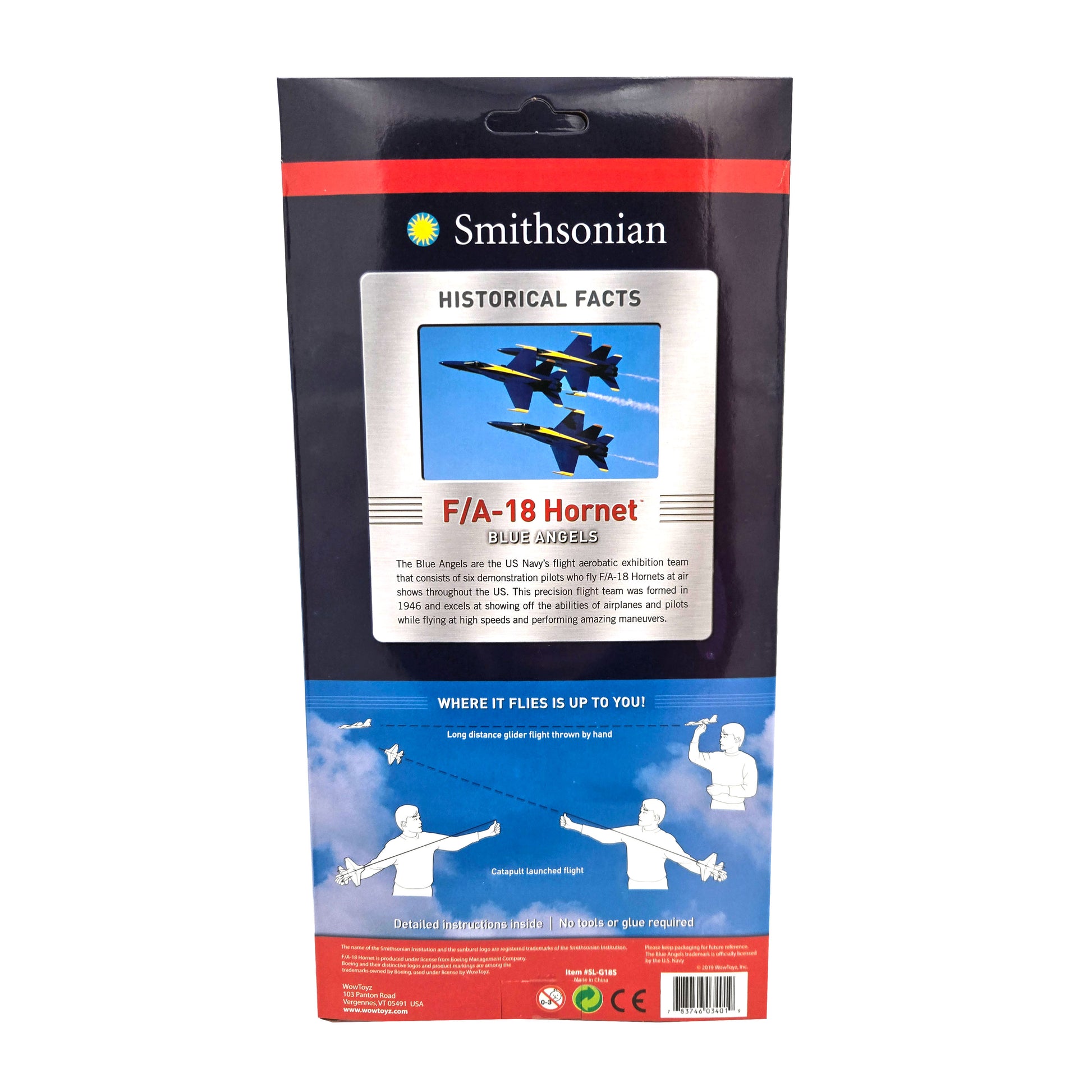 WowToyz® Smithsonian F/A-18 Hornet™ Blue Angels Glider back view in packaging with product details - easy-to-assemble foam glider