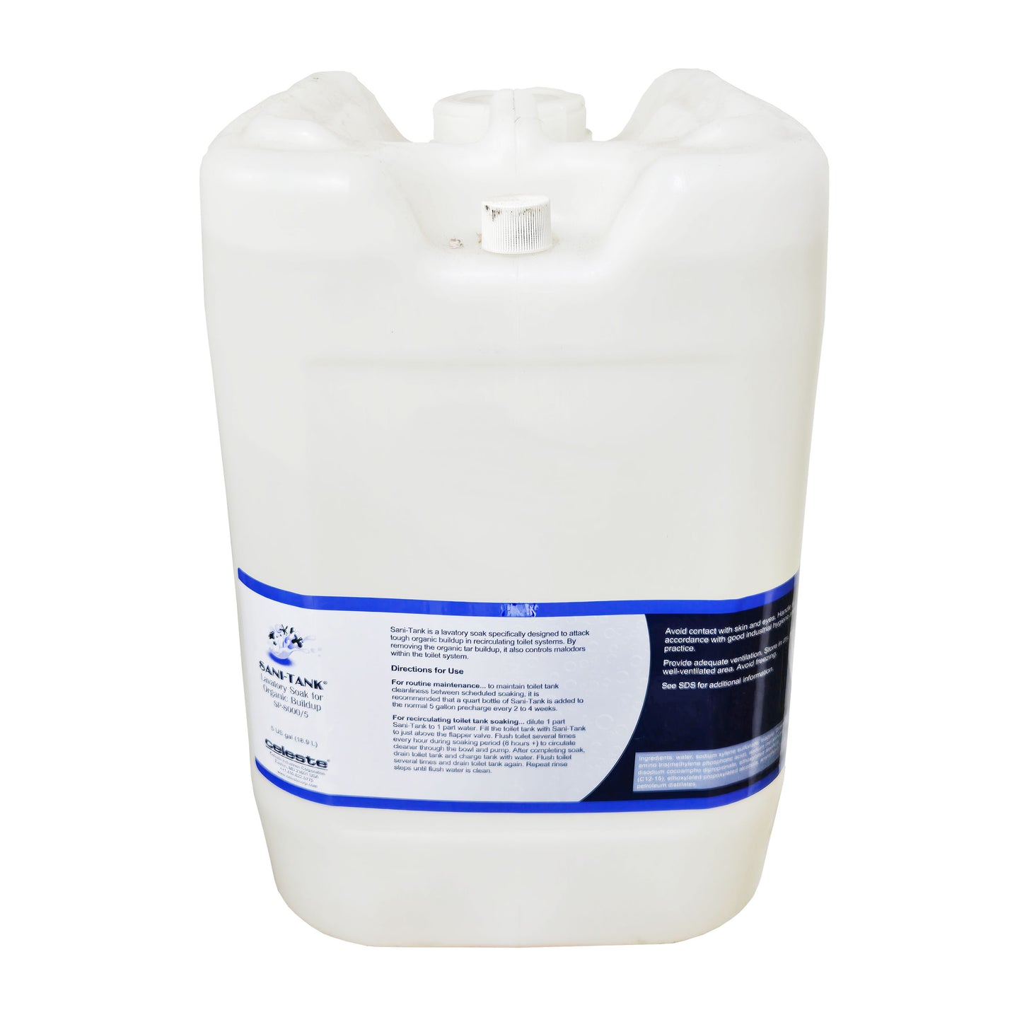 Celeste Sani-Tank Lavatory Soak – 5 Gallon Pail View with Product Label