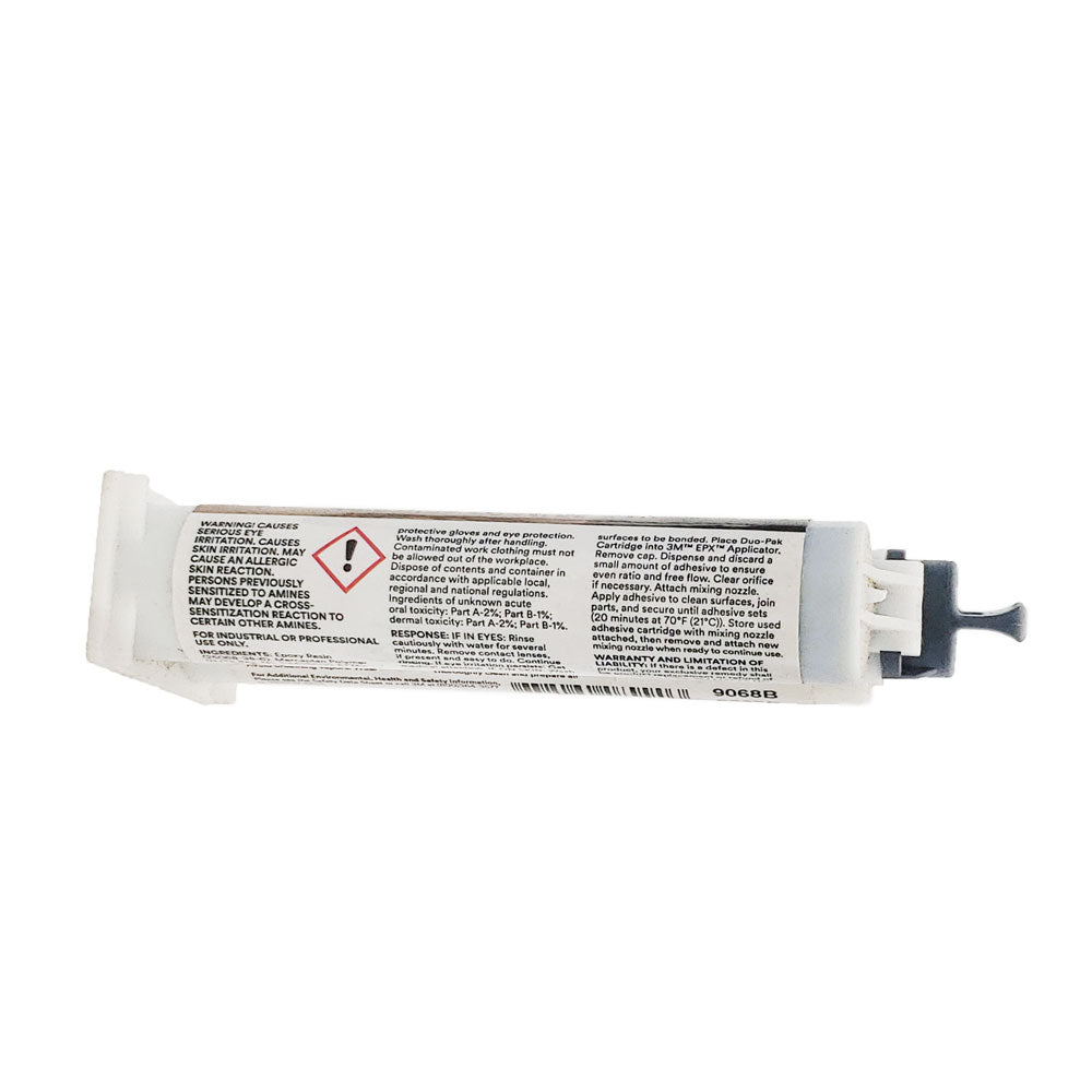 Side label of 3M Scotch-Weld DP110 epoxy showing GHS exclamation warning, skin and eye irritation cautions, EPX applicator instructions, and set time details