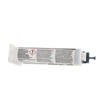 Side label of 3M Scotch-Weld DP110 epoxy showing GHS exclamation warning, skin and eye irritation cautions, EPX applicator instructions, and set time details
