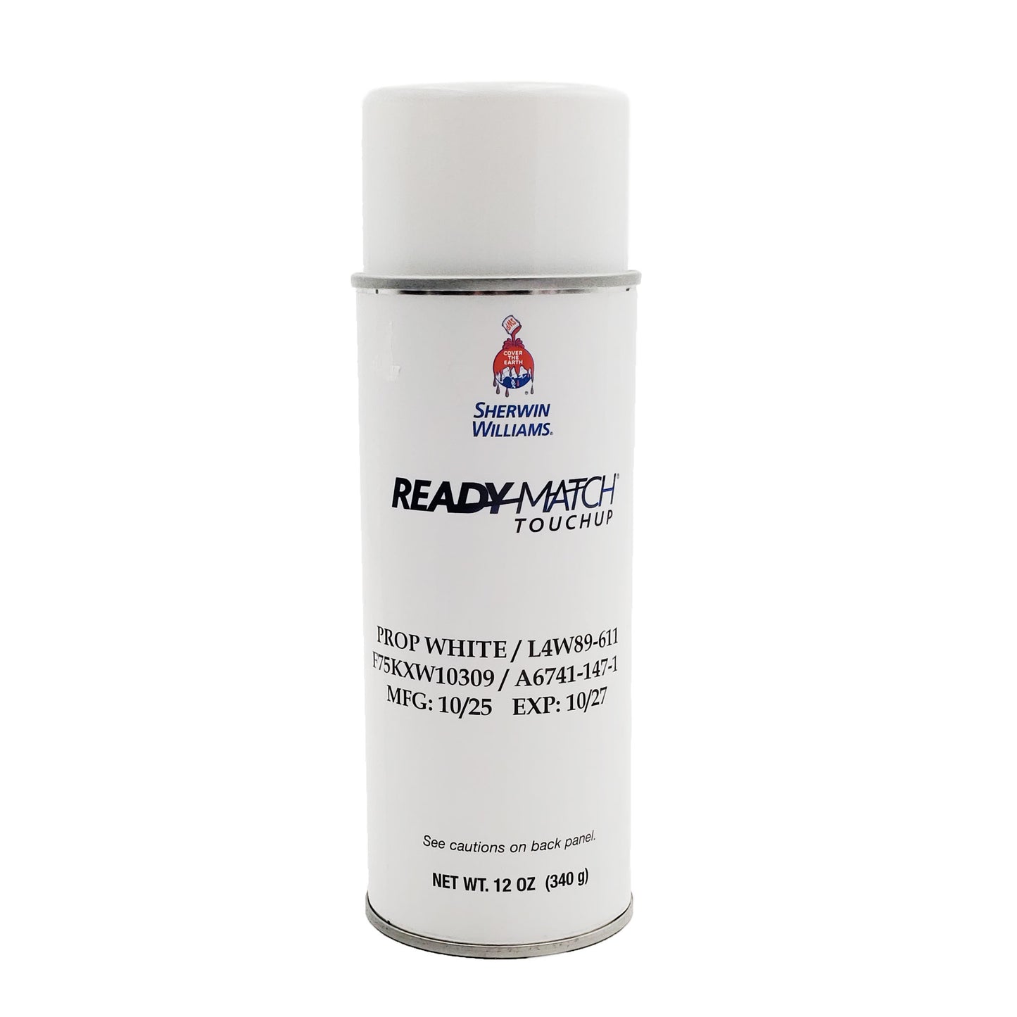Front label of Sherwin-Williams Ready Match propeller touch-up paint showing Prop White color, 12-oz aerosol can, and manufacture and expiration dates