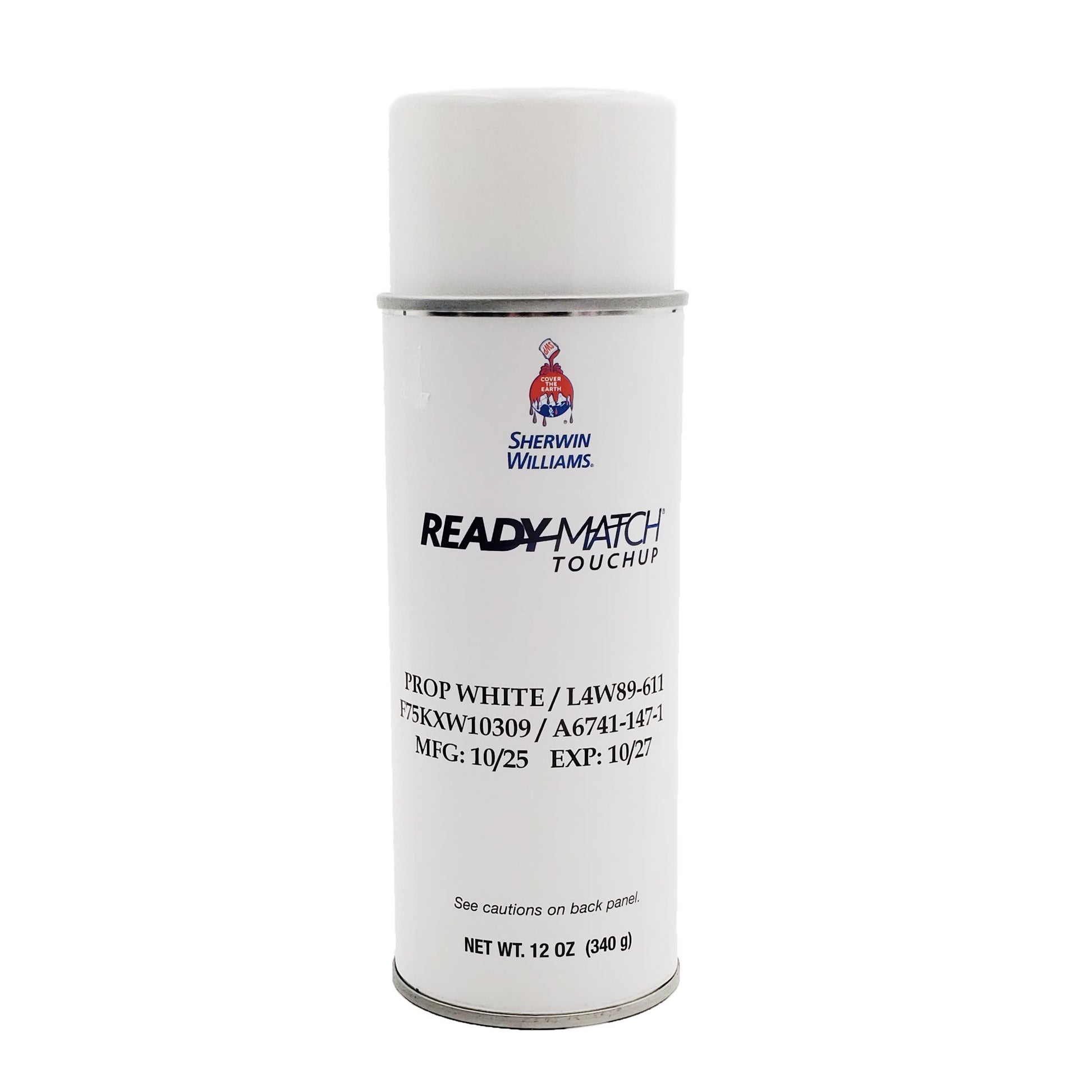Front label of Sherwin-Williams Ready Match propeller touch-up paint showing Prop White color, 12-oz aerosol can, and manufacture and expiration dates