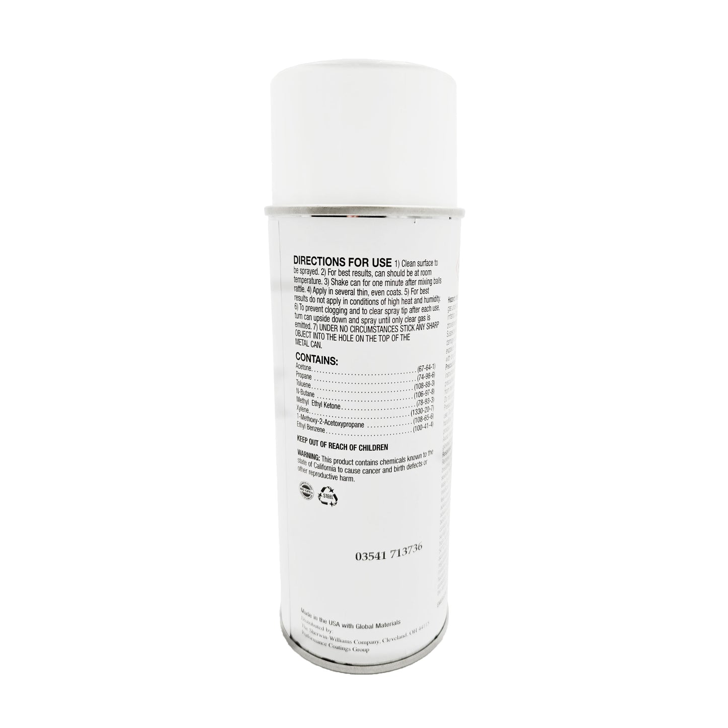 Side label of Sherwin-Williams F75KXB9958 spray paint showing directions, ingredients, and Prop 65 warning.