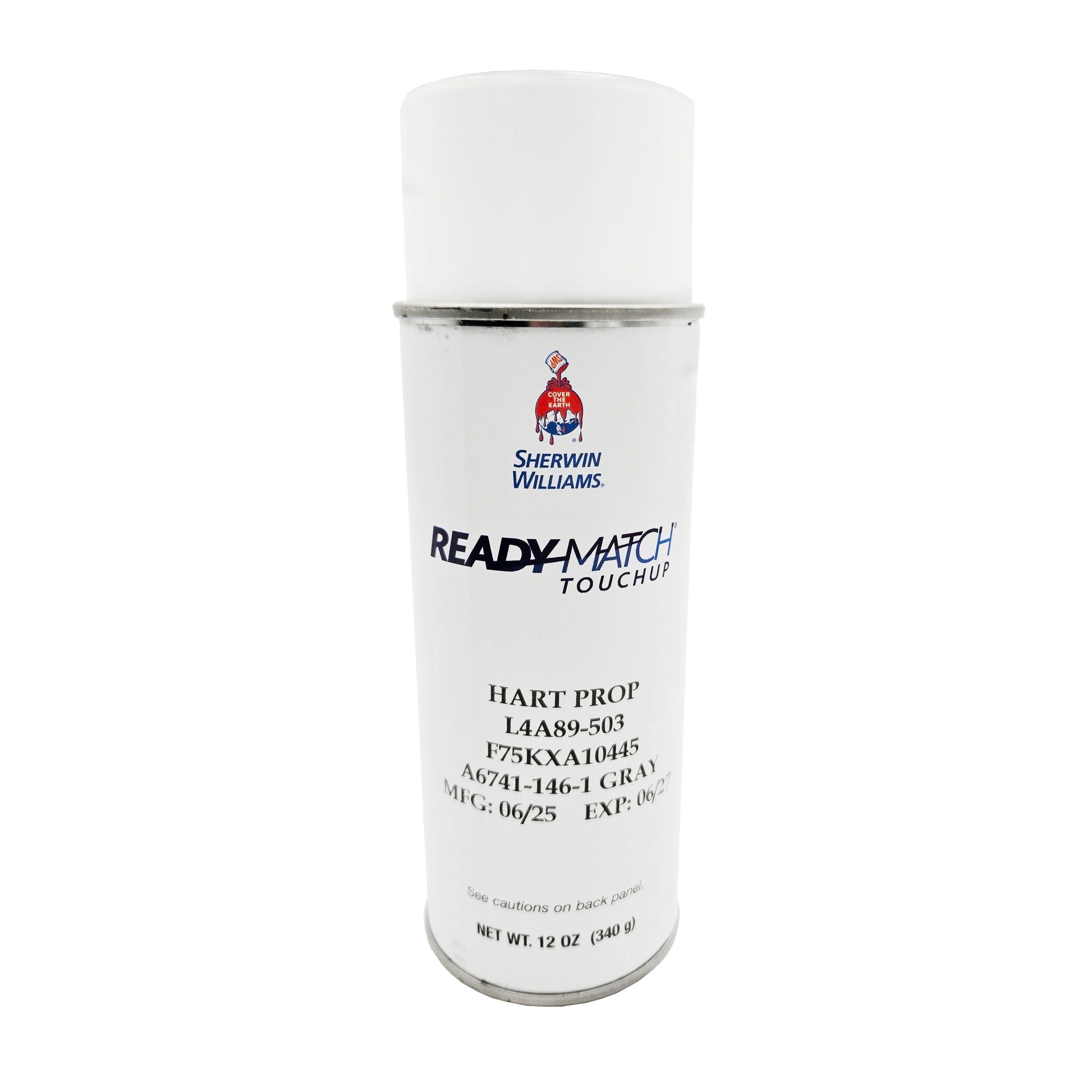 Front view of Sherwin-Williams F75KXA10445 Gray Enamel Propeller Touch-Up Paint 12 oz aerosol can showing main label and manufacturing dates.