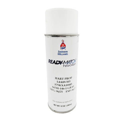 Front view of Sherwin-Williams F75KXA10445 Gray Enamel Propeller Touch-Up Paint 12 oz aerosol can showing main label and manufacturing dates.