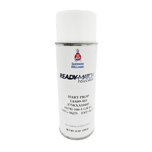 Front view of Sherwin-Williams F75KXA10445 Gray Enamel Propeller Touch-Up Paint 12 oz aerosol can showing main label and manufacturing dates.