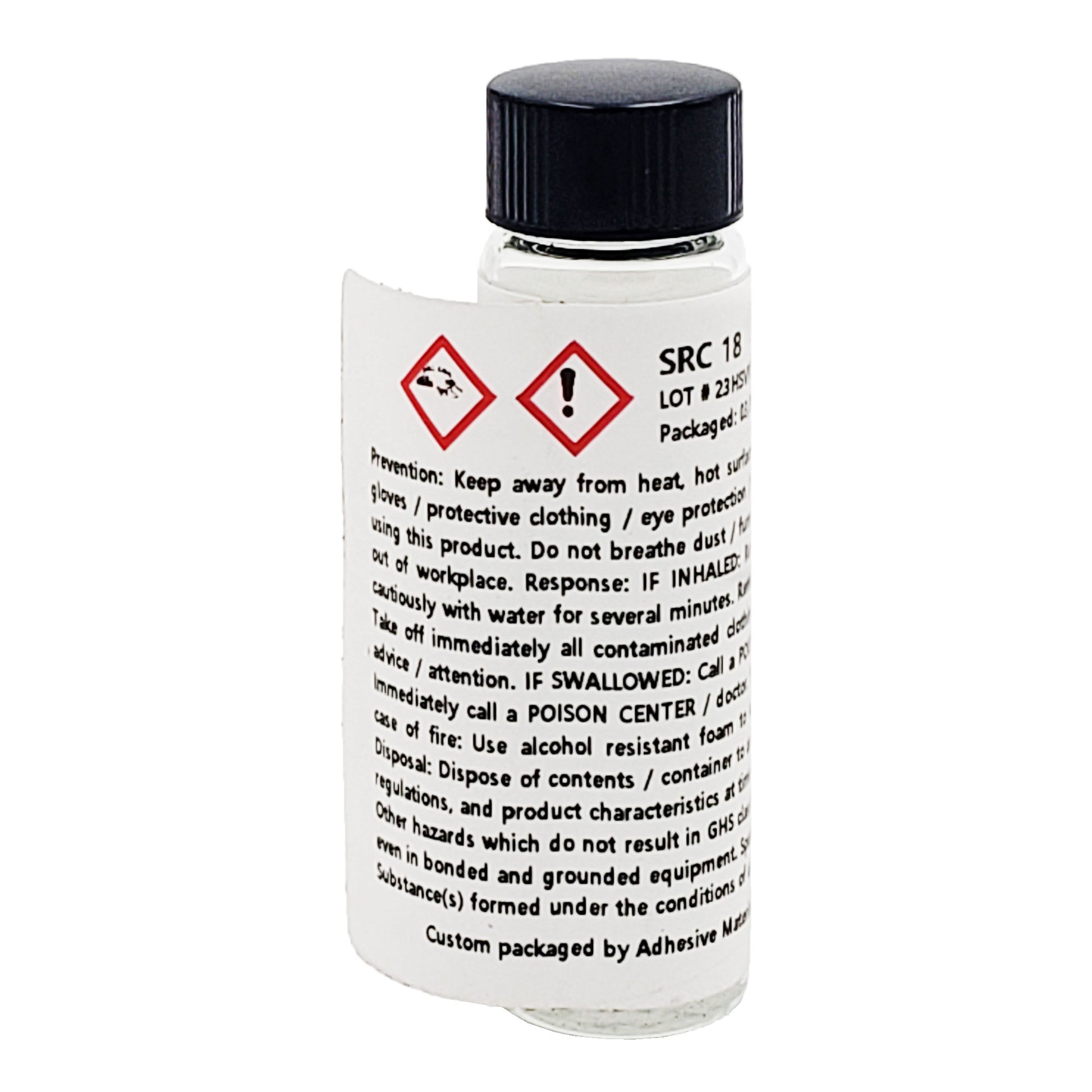 SRC 18 catalyst vial with hazard symbols and packaging date