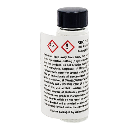SRC 18 catalyst vial with hazard symbols and packaging date